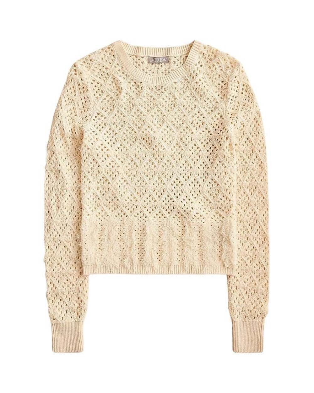 J. Crew Womens Pointelle Crewneck Sweater With Fringe Tan Cream Size S Lagenlook